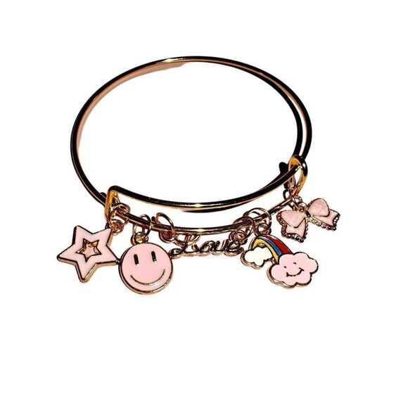 Pink And Gold Charm Rainbow Smiley Bangle Adjustable Bracelet - Picture 1 of 3